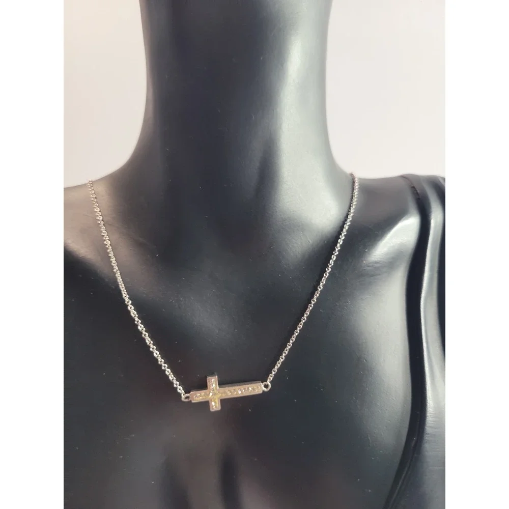 Silver Tone Sideways Cross Necklace Clear Rhinestone Christian Faith Jewelry